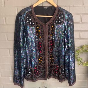 Vintage Beaded 100% Silk Evening Jacket Black Iridescent XL
